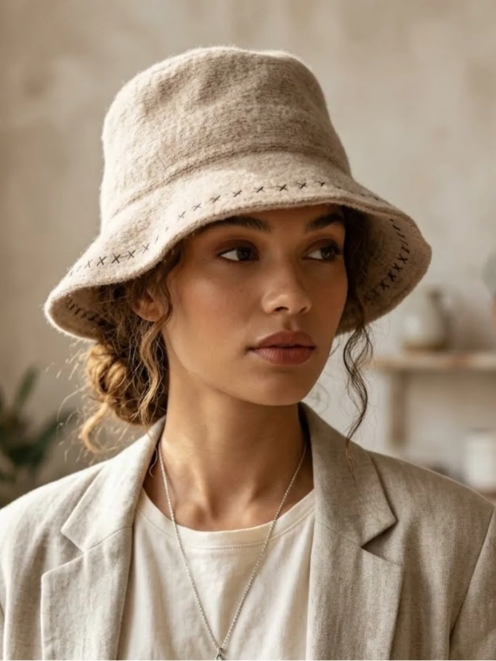100% Wool Beige Bucket Hat Decorative Stitching Slouchy Vacation Moldable 7 1/8